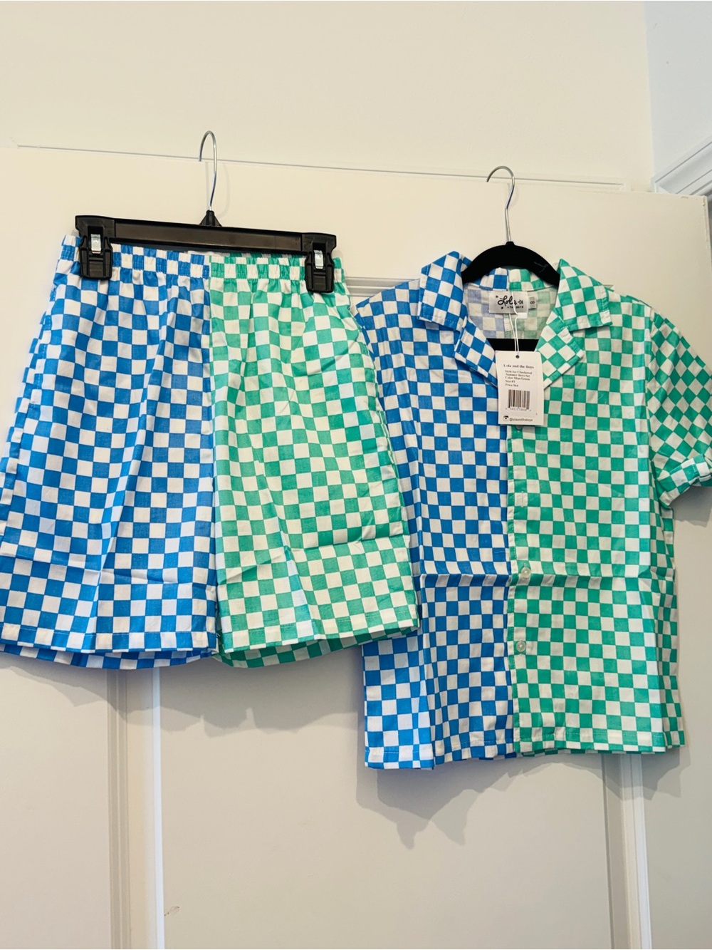 Lola + the Boys : Checkerboard Two-Piece Set in Blue & Mint Green